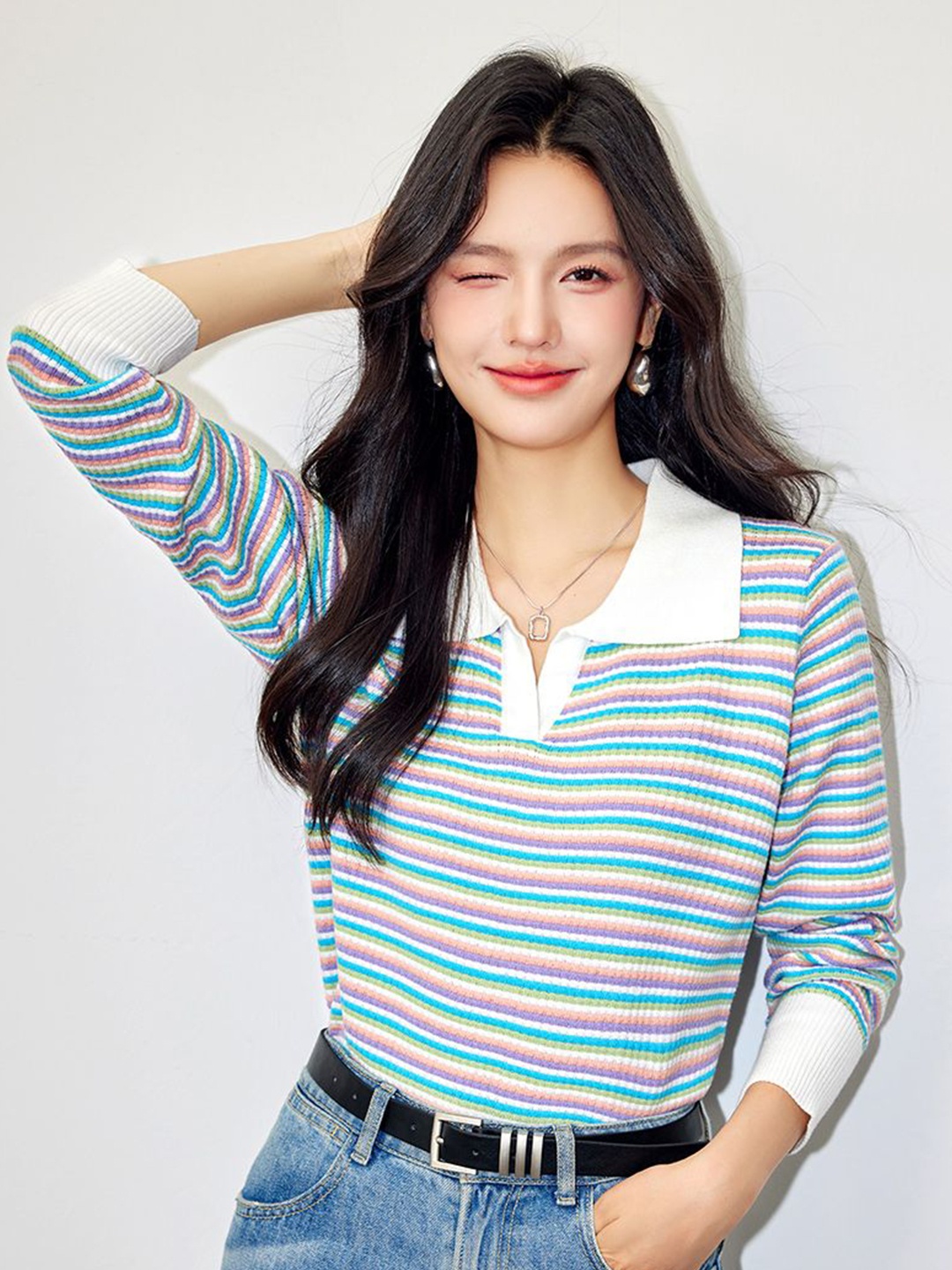

JC Collection Shirt Collar Fitted Top, Blue