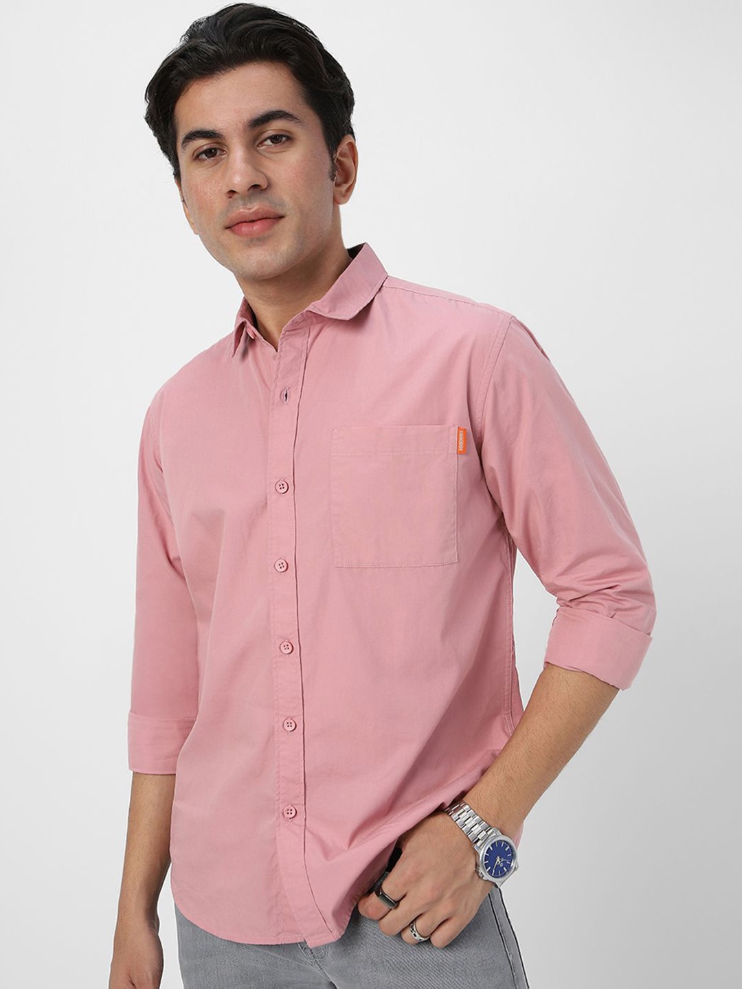 

Urbano Fashion Men Spread Collar Solid Cotton Casual Shirt, Pink