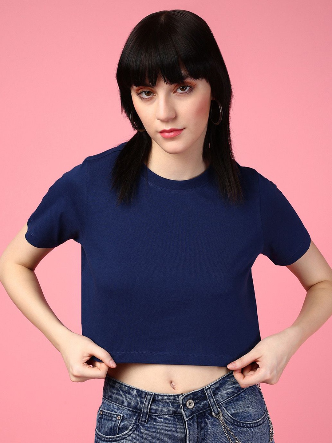 

DressBerry Women Solid Round Neck Cotton Relaxed Fit T-shirt, Navy blue