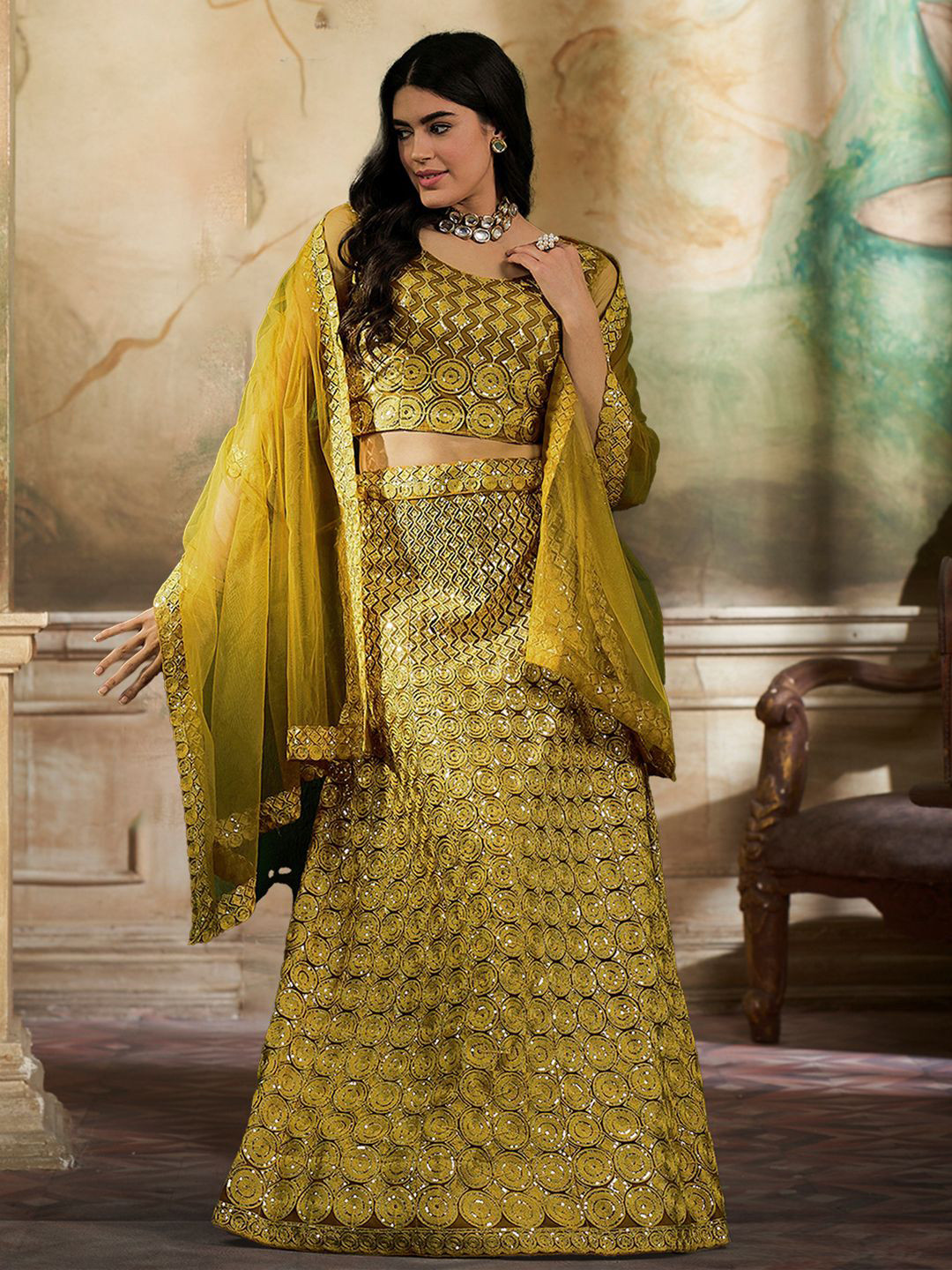 

Kvsfab Embroidered Sequinned Semi-Stitched Lehenga & Blouse With Dupatta, Mustard