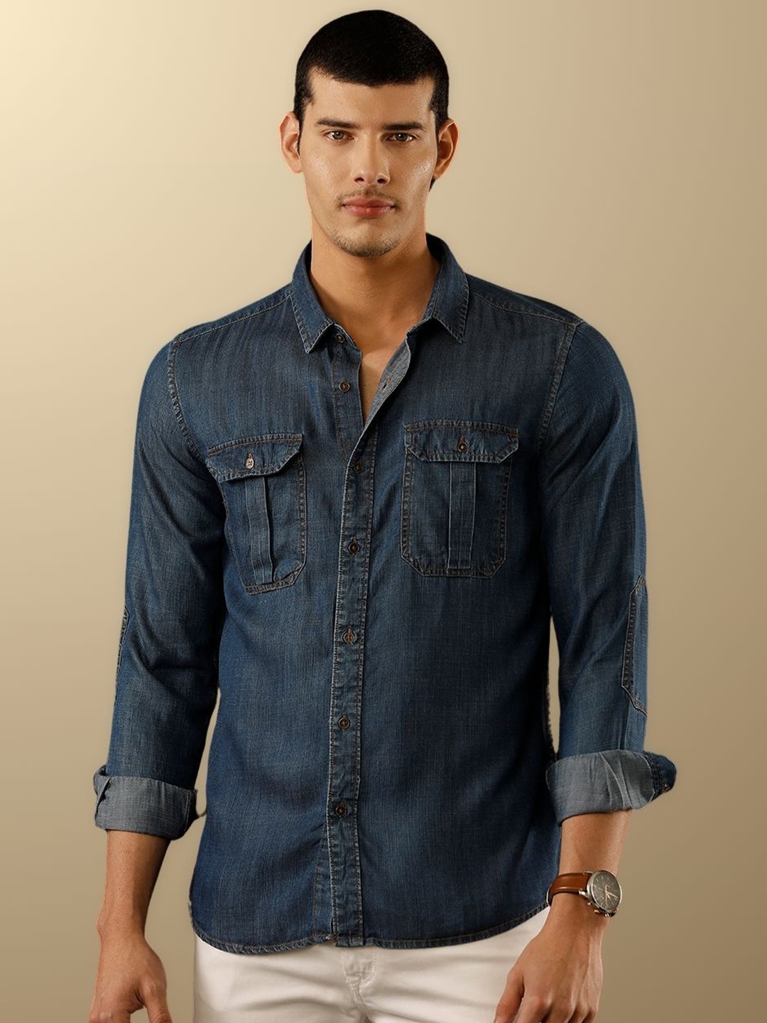 

TEMPLE OF DENIM Men India Slim Spread Collar Solid Denim Casual Shirt, Blue