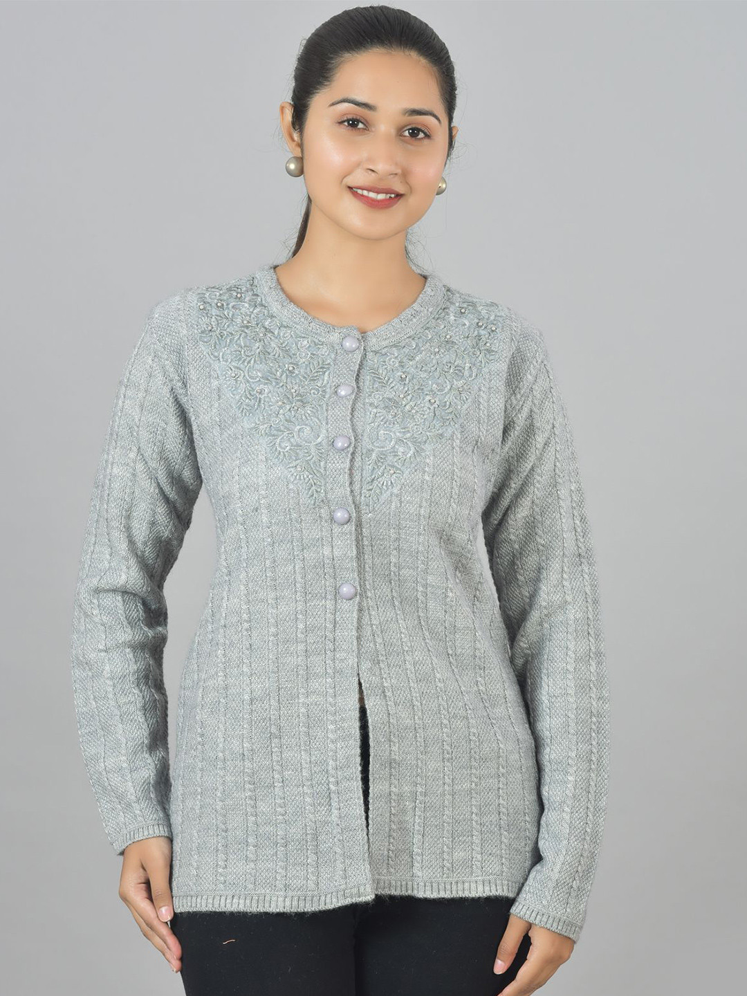 

BAISA Women Embroidered Woollen Cardigan with Embellished Detail, Grey