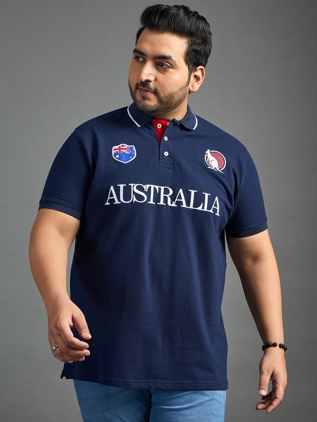 

bigbanana Originals Men Embroidered Polo Collar Pure Cotton Bio Finish Plus Size T-shirt, Navy blue