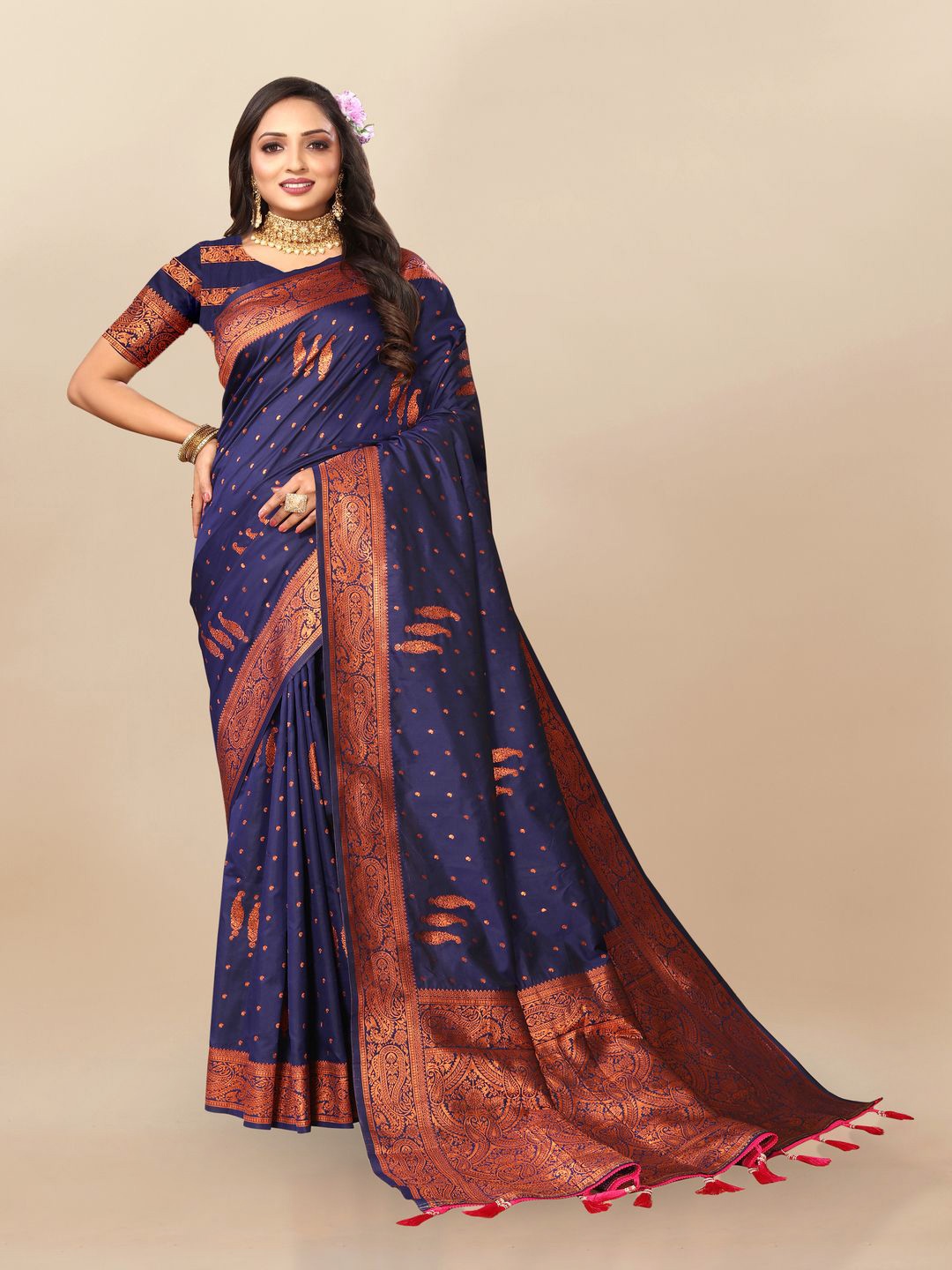 

MOKSHA DESIGNS Ethnic Motifs Zari Pure Silk Banarasi Saree, Navy blue