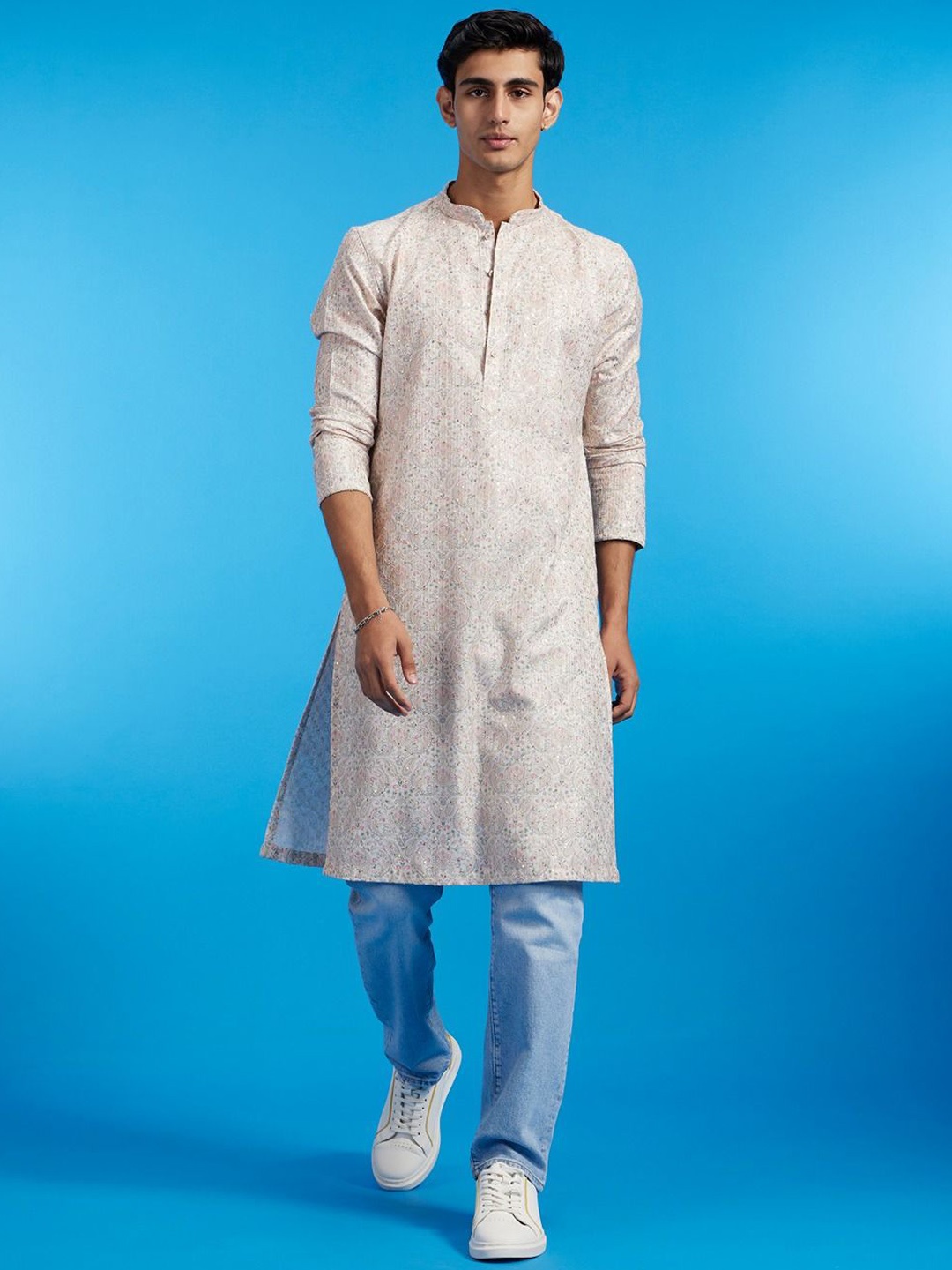 

Diwas by Manyavar Paisley Embroidered Mandarin Collar Sequinned Straight Kurta, Cream
