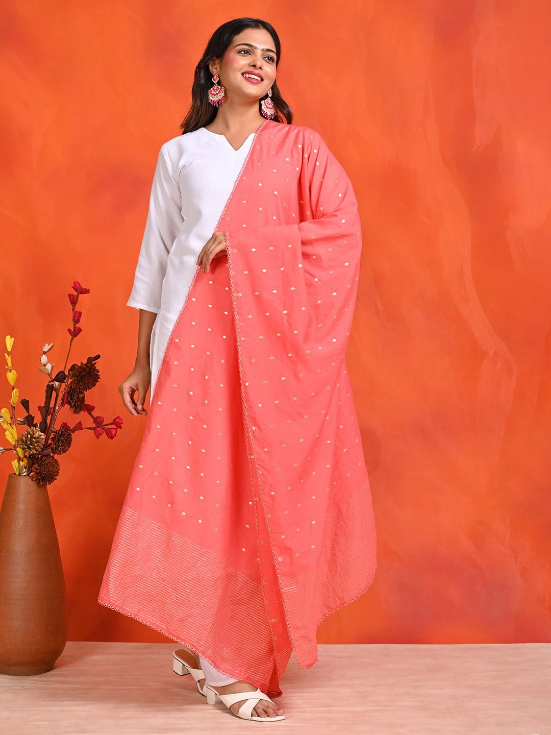 

HELLA FASHIONS Woven Design Dupatta with Zari, Coral