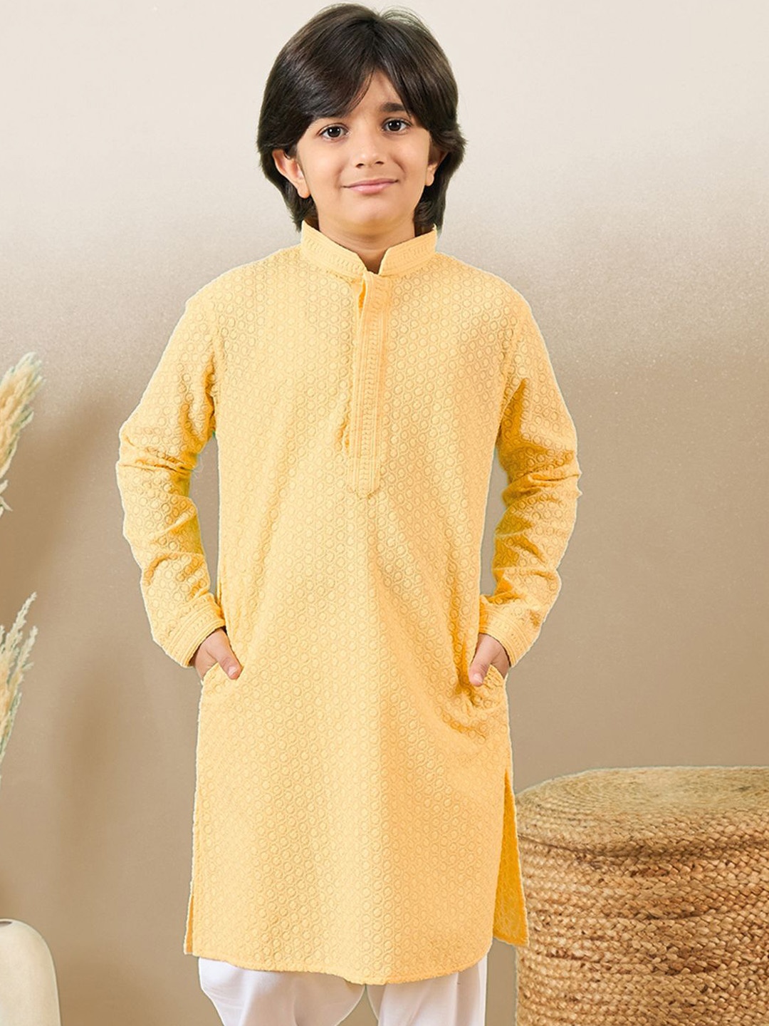 

Here&Now X Sanwara Boys Floral Embroidered Chikankari Straight Kurta, Yellow