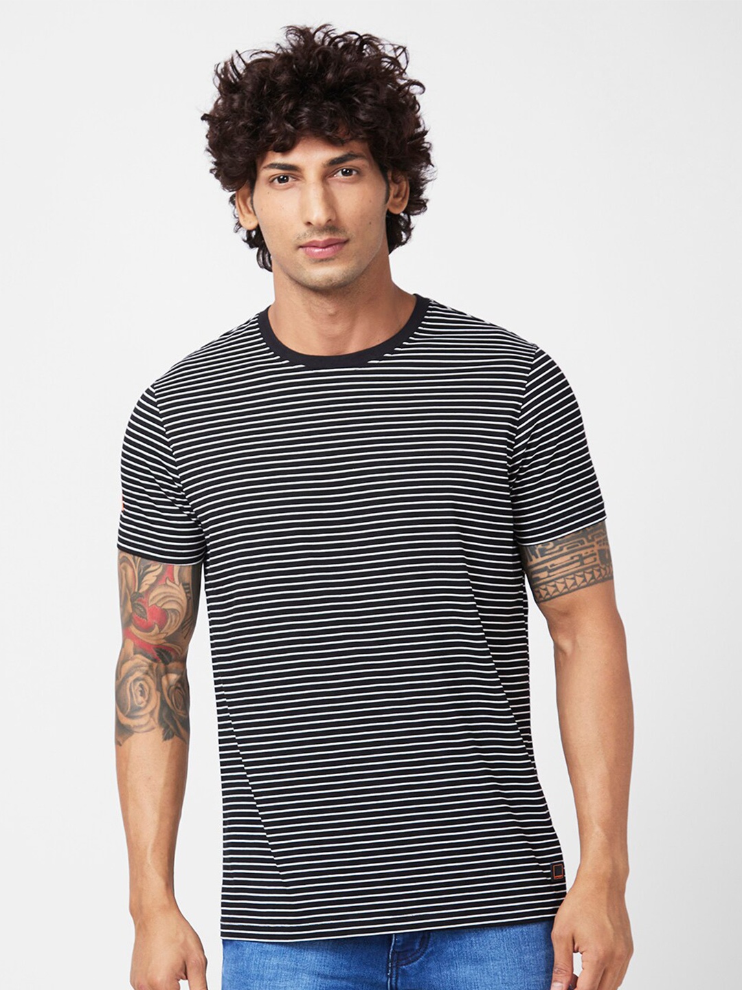 

SPYKAR Striped Slim Fit Cotton T-shirt, Black