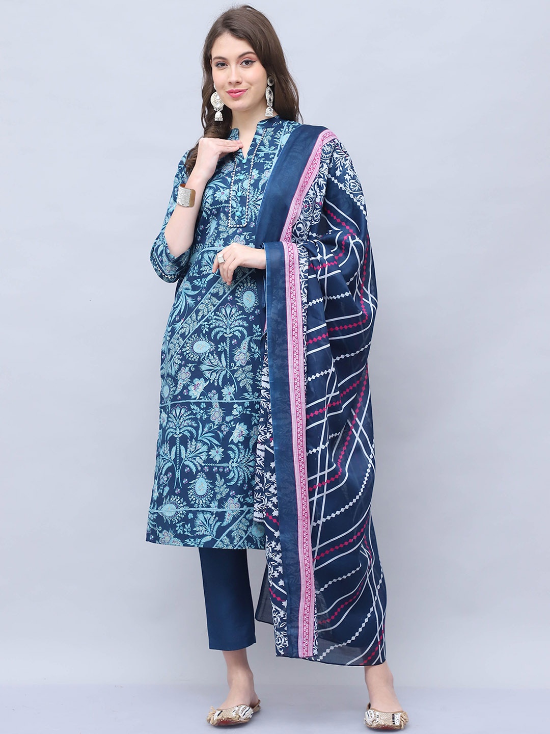 

Roly Poly Floral Printed Gotta Patti Straight Kurta with Trousers & Dupatta, Blue