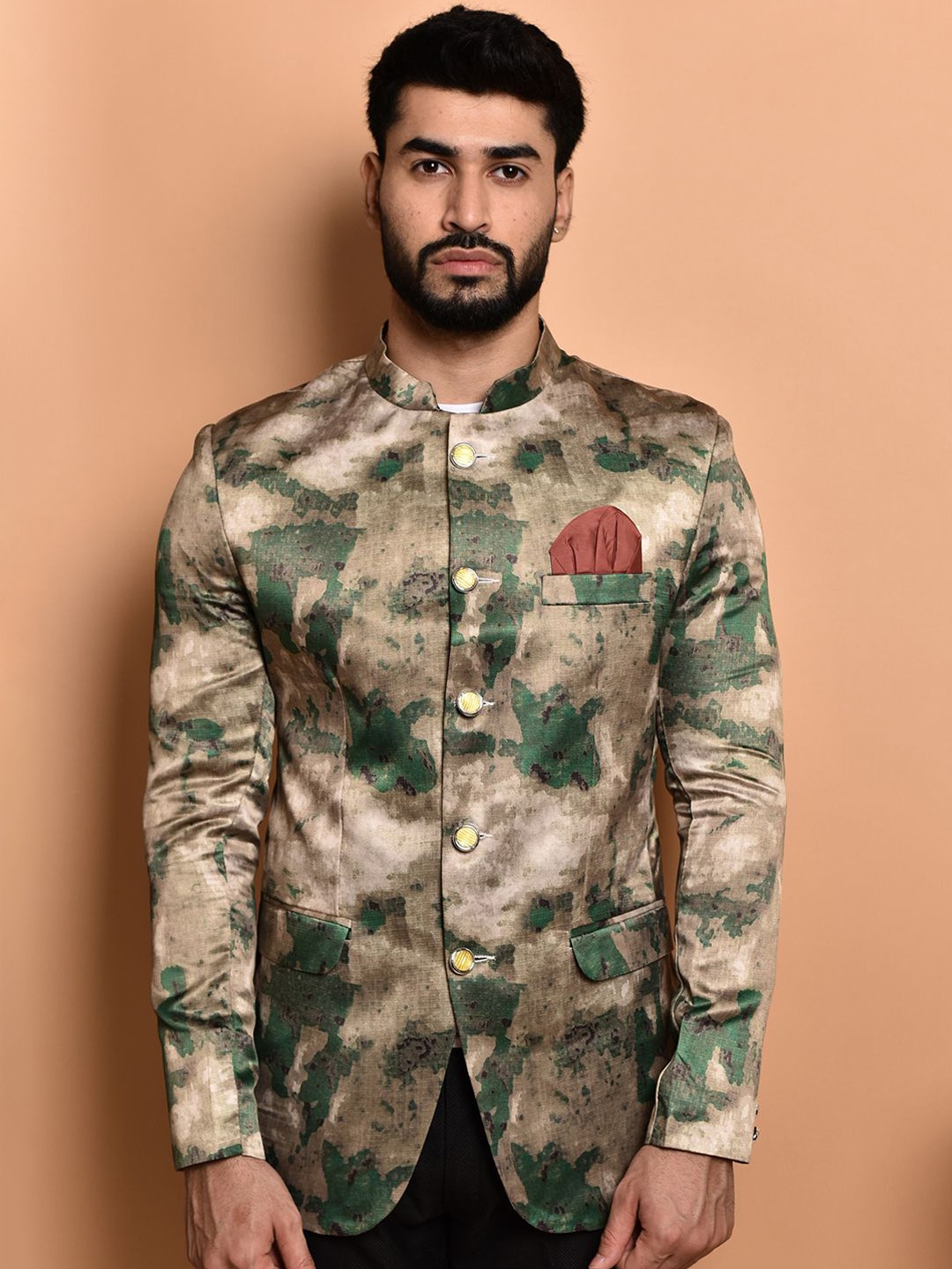 

PRINTCULTR Mandarin Collar Printed Bandhgala Casual Blazer, Khaki