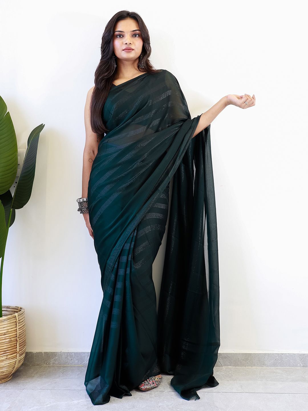 

Mitera Striped Ready to Wear Saree, Teal