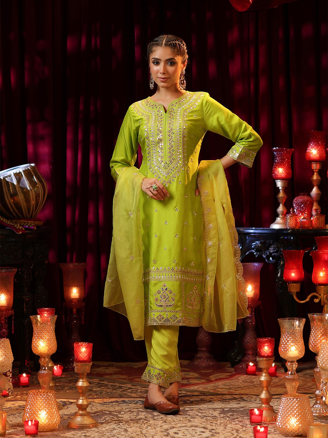 

SCAKHI Floral Embroidered Notch Neck Sequinned Straight Kurta With Trousers & Dupatta, Lime green