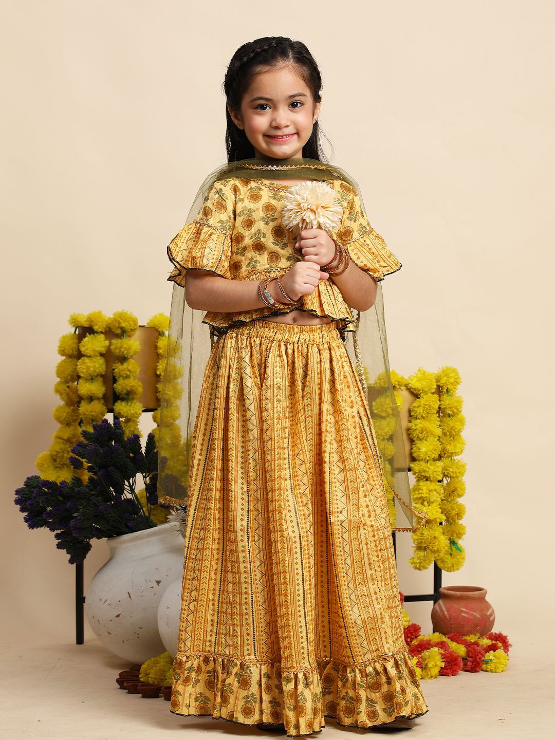 

Cutiekins Girls Printed Ready to Wear Lehenga & Blouse With Dupatta, Mustard