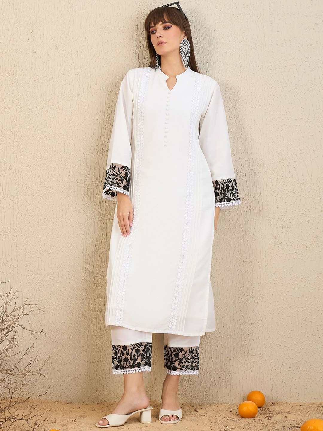 

Indo Era Floral Embroidered Panelled Beads and Stones Straight Kurta with Trousers, White
