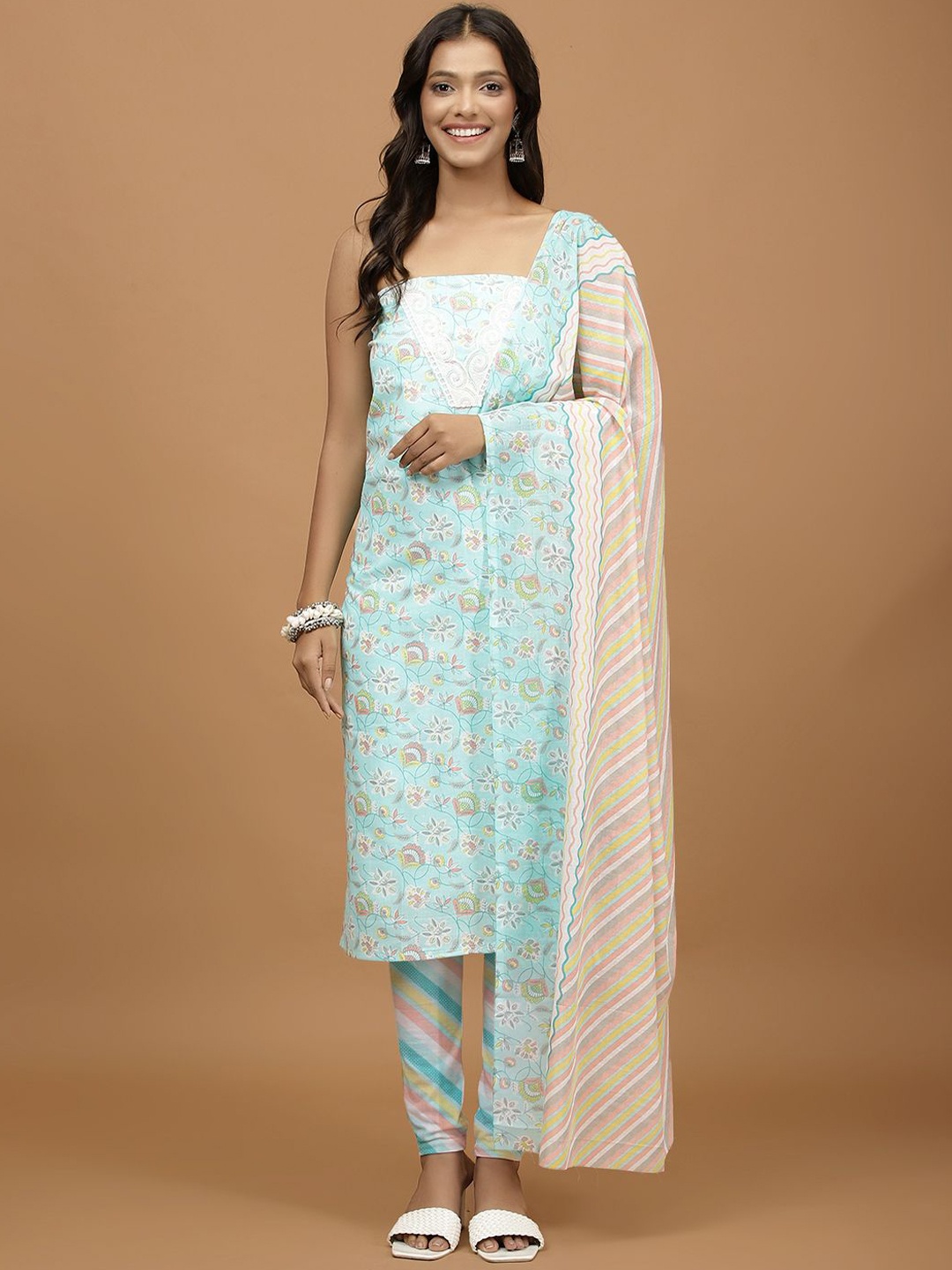 

Meena Bazaar Floral Printed Unstitched Dress Material, Sea green