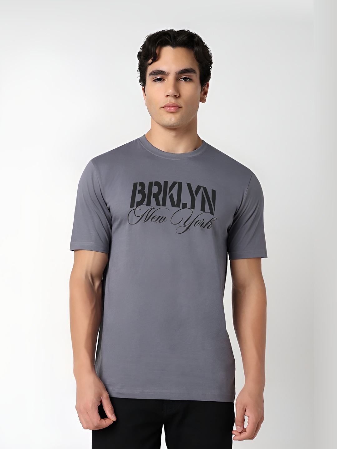 

R&B Men Typography Printed Round Neck Cotton T-shirt, Grey