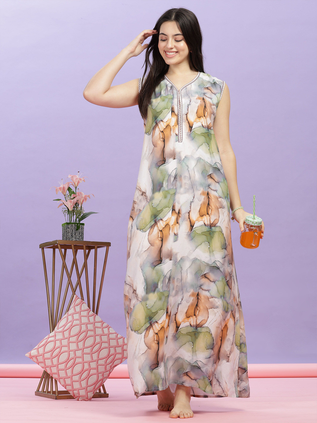 

9shines Label Women Abstract Printed V-neck Sleeveless Maxi Nightdress, Orange