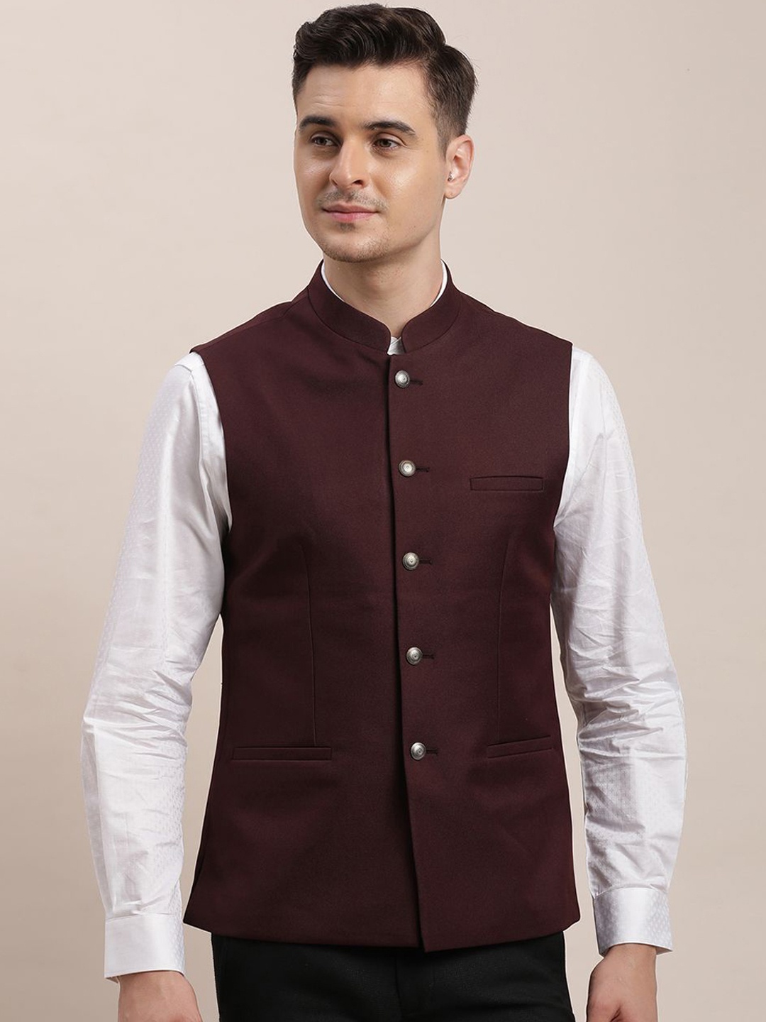 

Turtle Cotton Slim Fit Nehru Jacket, Maroon