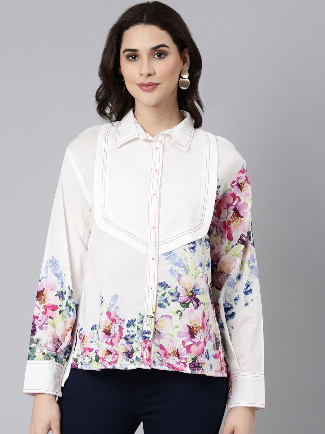 

Kaftanize Women Comfort Floral Opaque Printed Casual Shirt, White