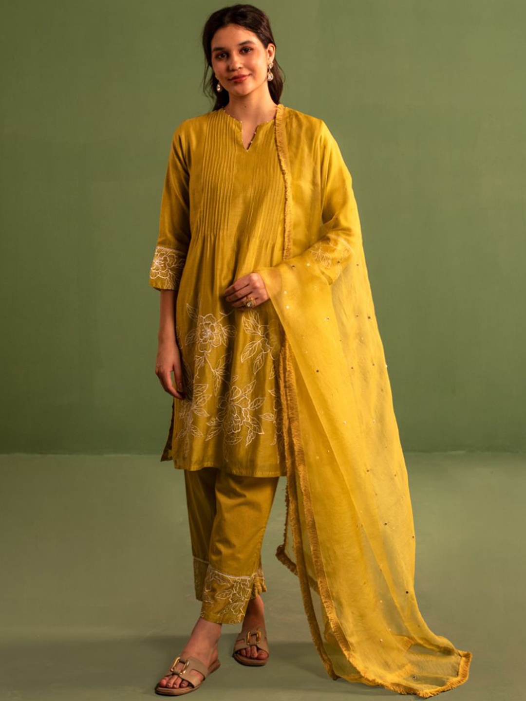 

Kameez by Pooja Kejriwal Floral Embroidered Chanderi Silk Kurta With Trousers & Dupatta, Yellow