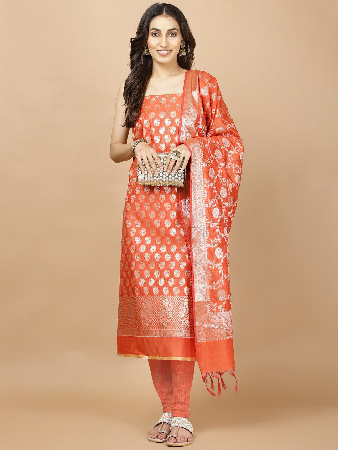 

Meena Bazaar Ethnic Motifs Woven Design Art Silk Unstitched Dress Material, Rust