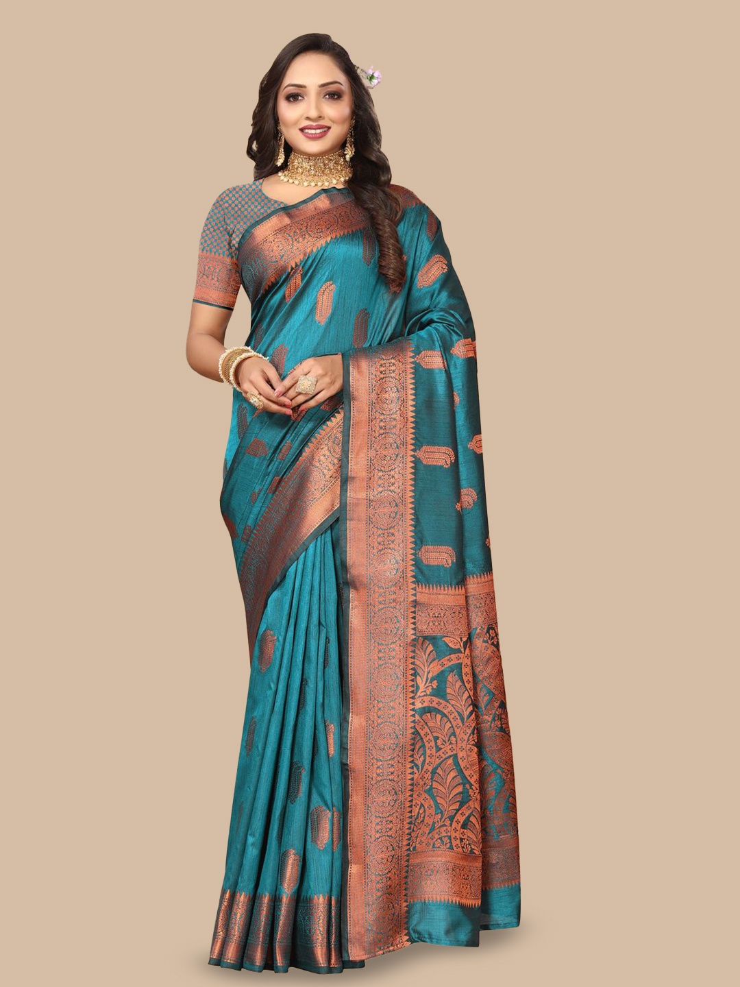 

MOKSHA DESIGNS Ethnic Motifs Woven Design Zari Pure Silk Kanjeevaram Saree, Blue