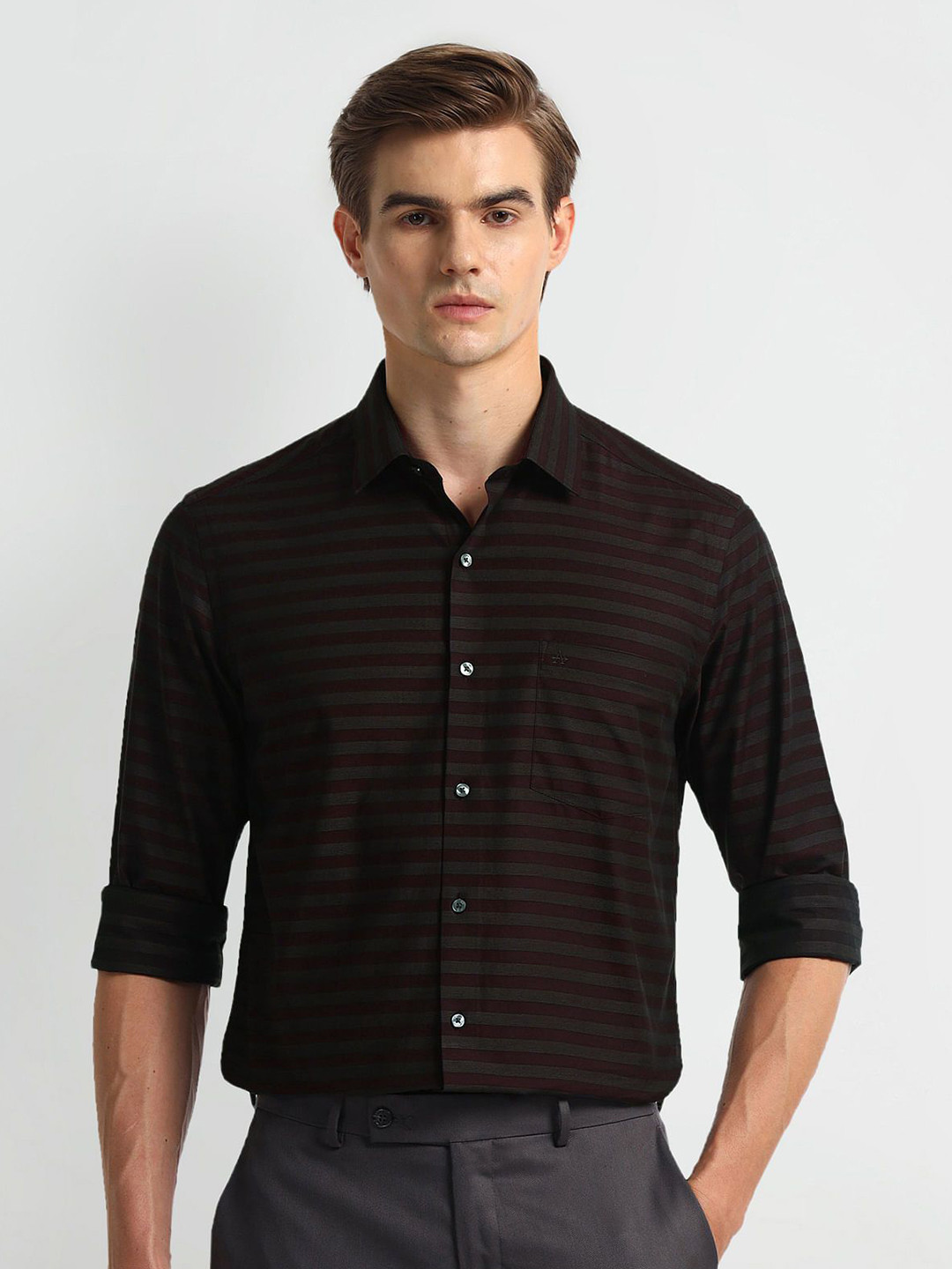 

Arrow Men Slim Fit Horizontal Stripes Opaque Striped Formal Shirt, Red
