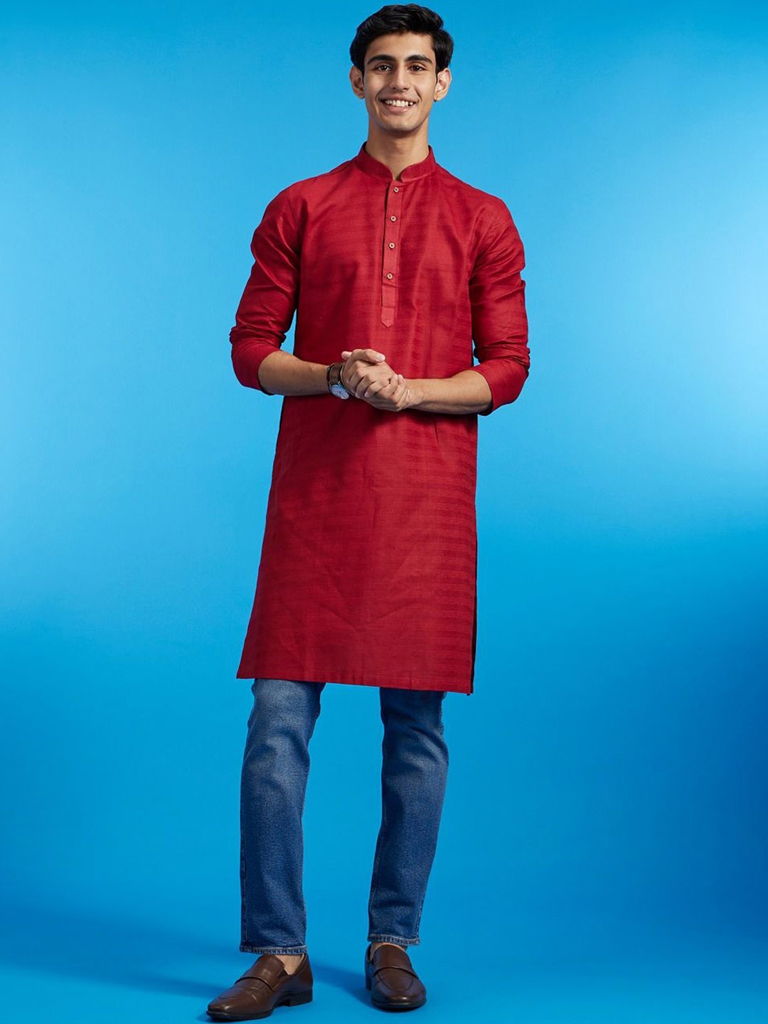 

Diwas by Manyavar Geometric Woven Design Mandarin Collar Cotton Straight Kurta, Maroon