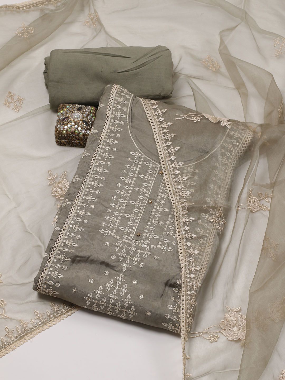 

Meena Bazaar Floral Embroidered Sequinned Unstitched Dress Material, Beige