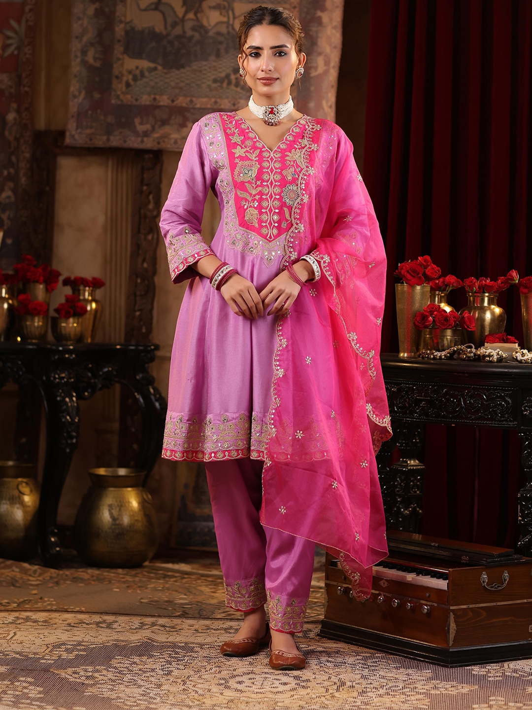 

SCAKHI Floral Embroidered V-Neck Dupion Silk Anarkali Kurta with Salwar & Dupatta, Mauve