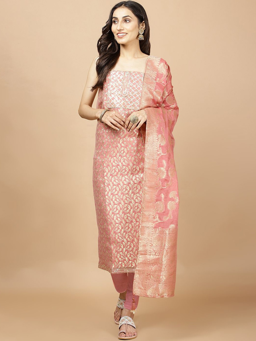 

Meena Bazaar Ethnic Motifs Woven Design Zari Chanderi Unstitched Dress Material, Pink