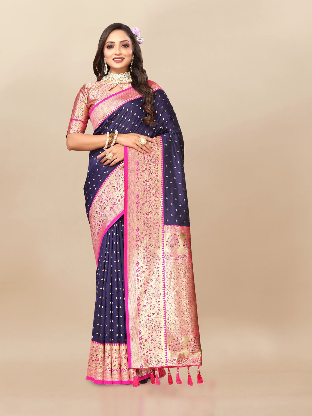

MOKSHA DESIGNS Ethnic Motifs Woven Design Zari Pure Silk Banarasi Saree, Navy blue