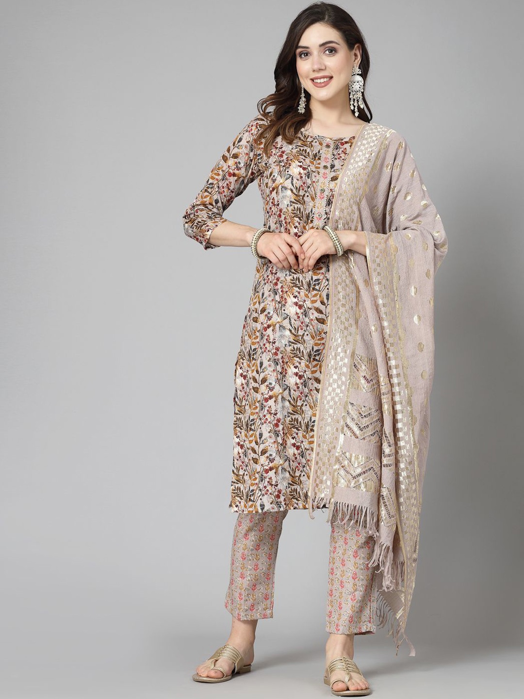 

Stylum Beige Floral Printed Round Neck Straight Kurta With Trousers & Dupatta