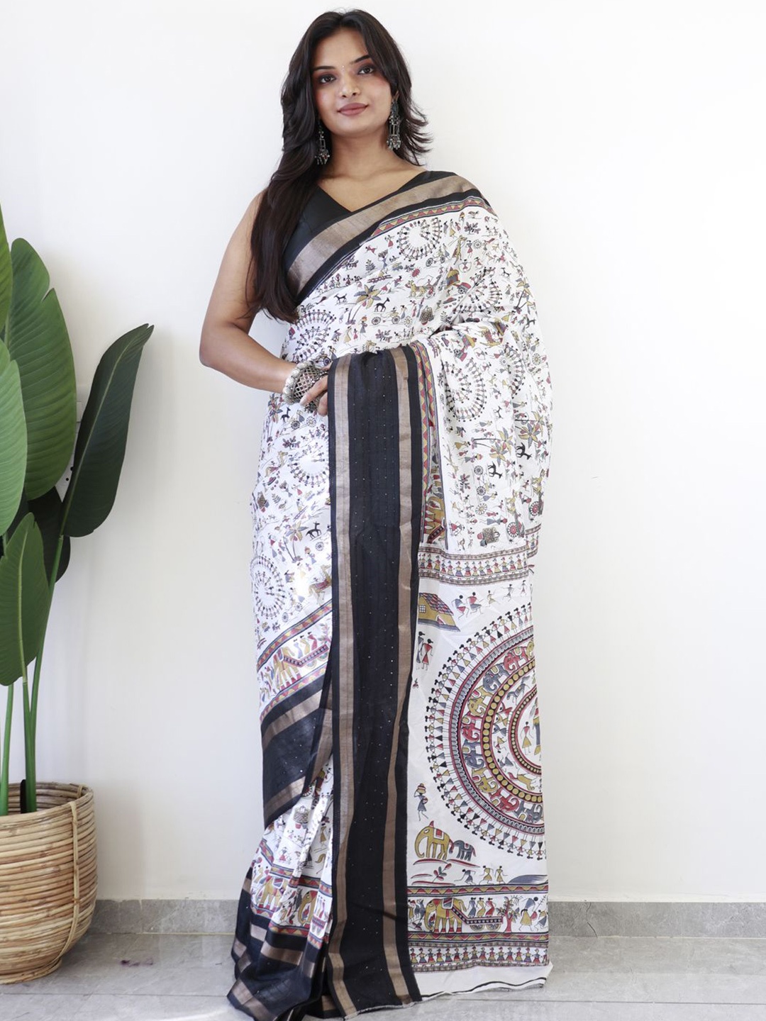 

Mitera Warli Zari Ready to Wear Saree, White