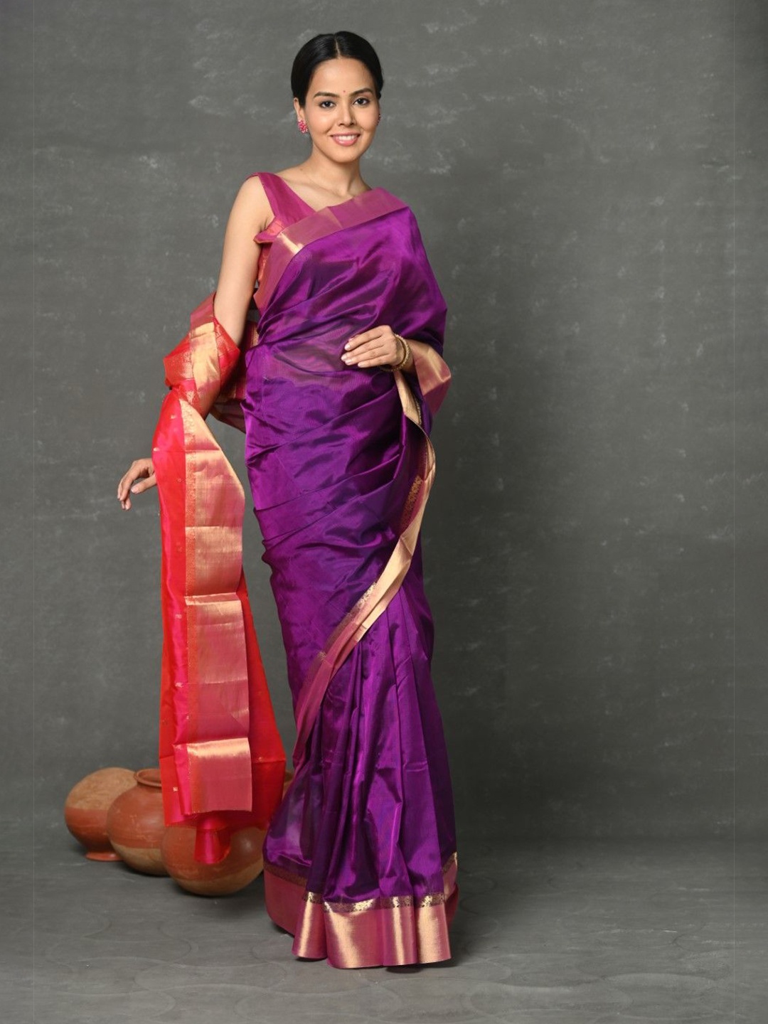 

Very Much Indian Solid Zari Saree With Blouse Piece, Purple