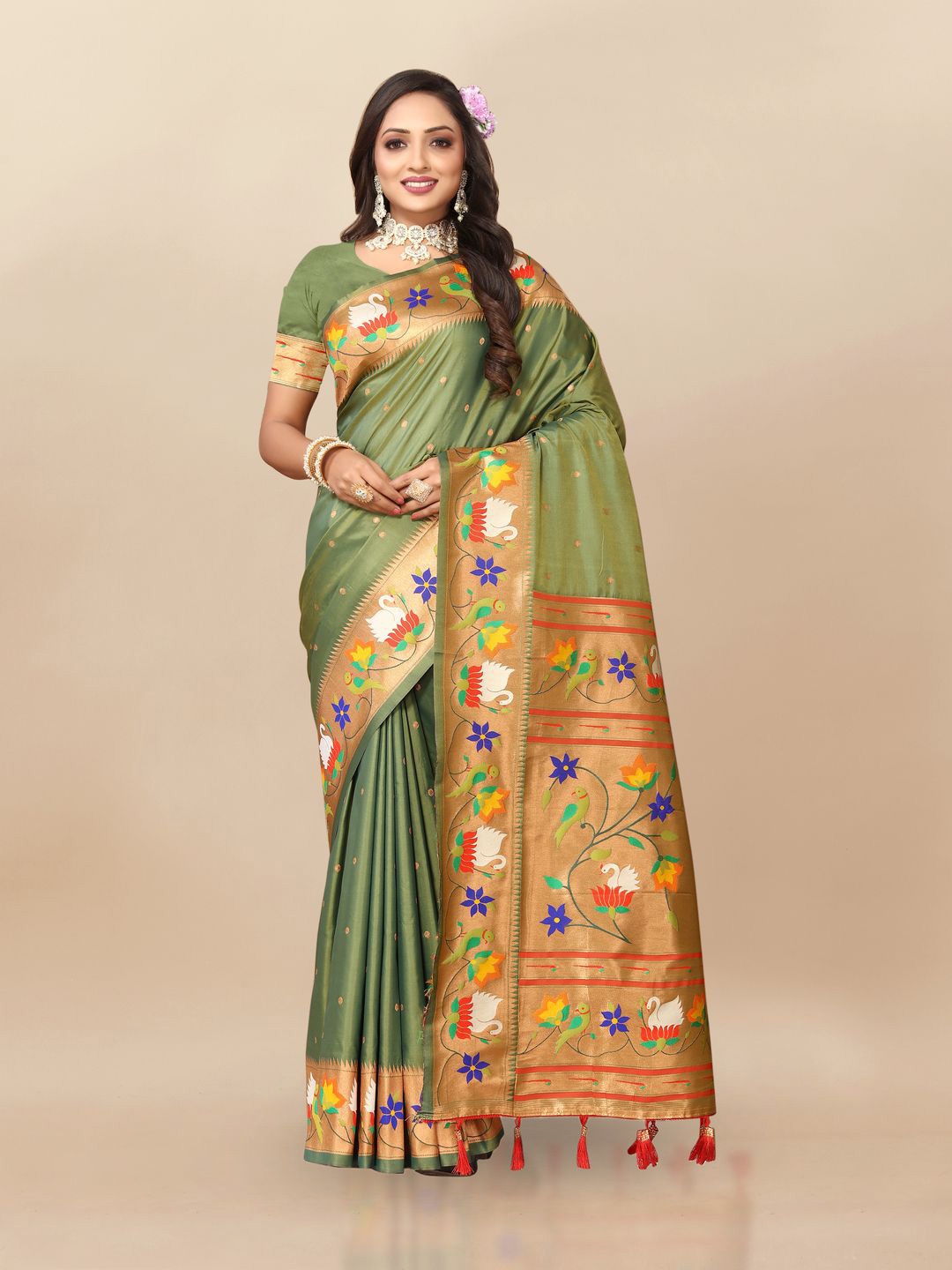 

MOKSHA DESIGNS Ethnic Motifs Woven Design Zari Pure Silk Paithani Saree, Green