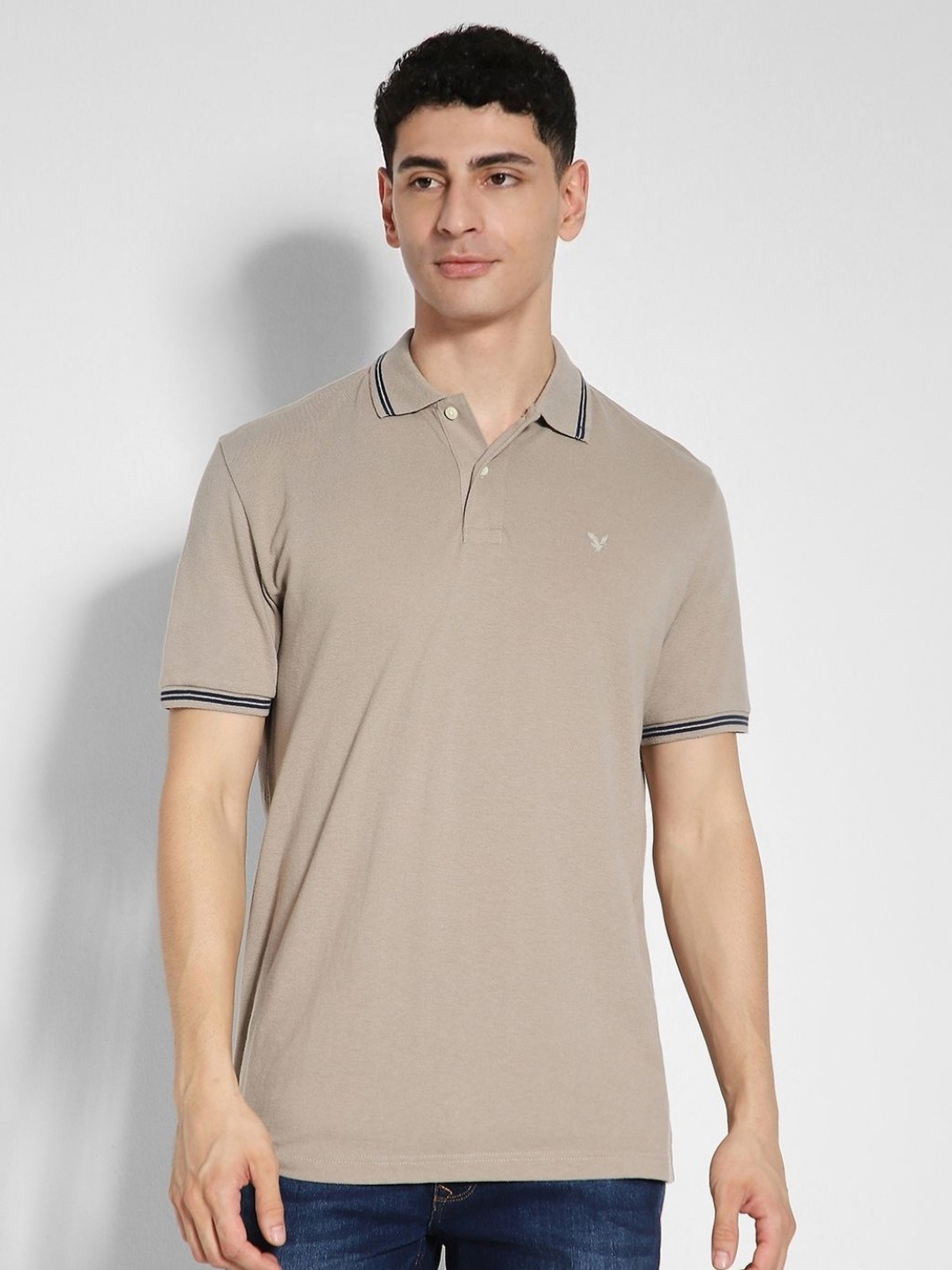 

AMERICAN EAGLE OUTFITTERS Men Solid Polo Collar Cotton T-shirt, Beige
