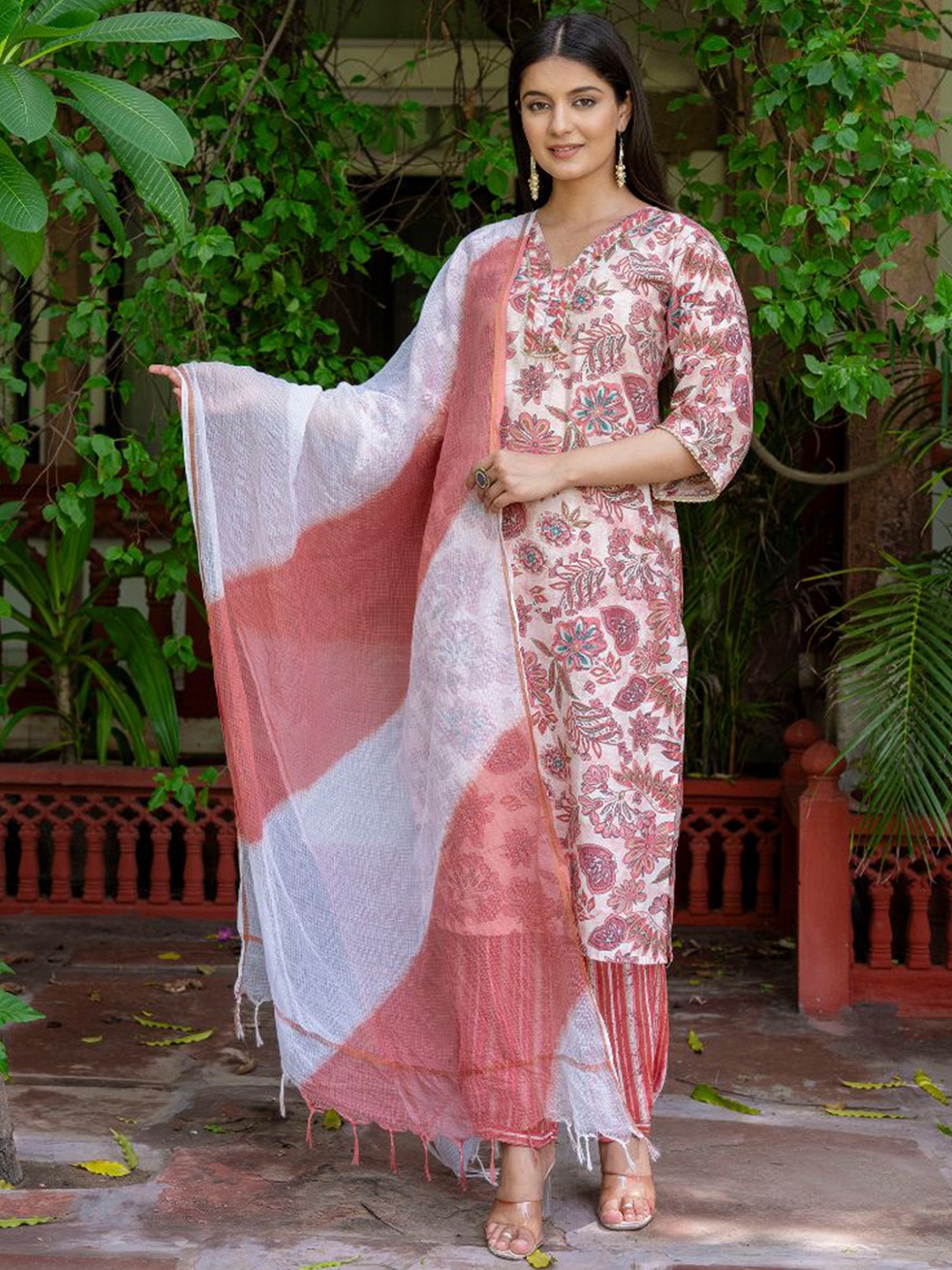 

KALINI Floral Printed Regular Chanderi Silk Straight Kurta with Trousers & Dupatta, Peach