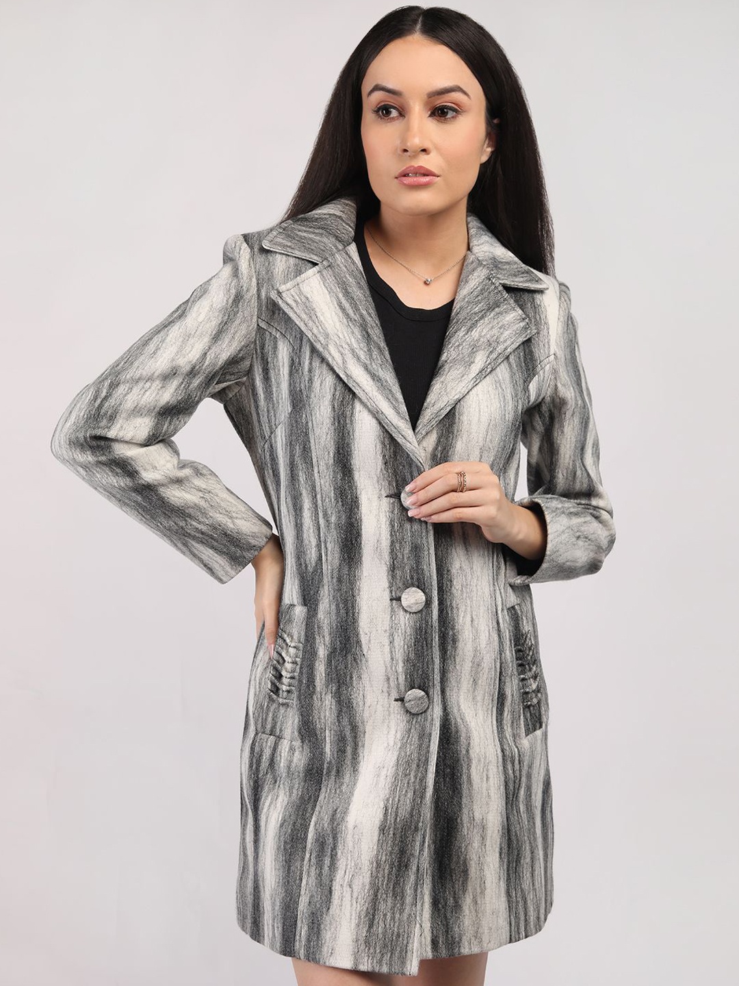 

HONNETE Women Self-Design Single-Breasted Hip-Length Winter Overcoat, Black