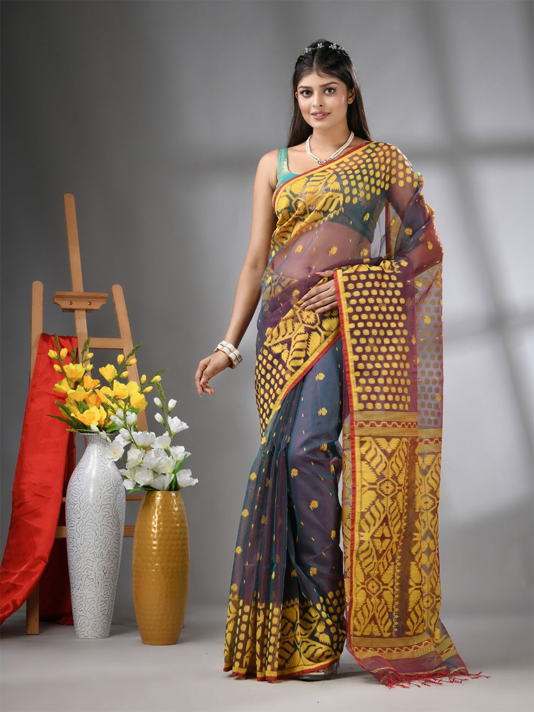 

Charukriti Ethnic Motifs Pure Silk Saree, Grey