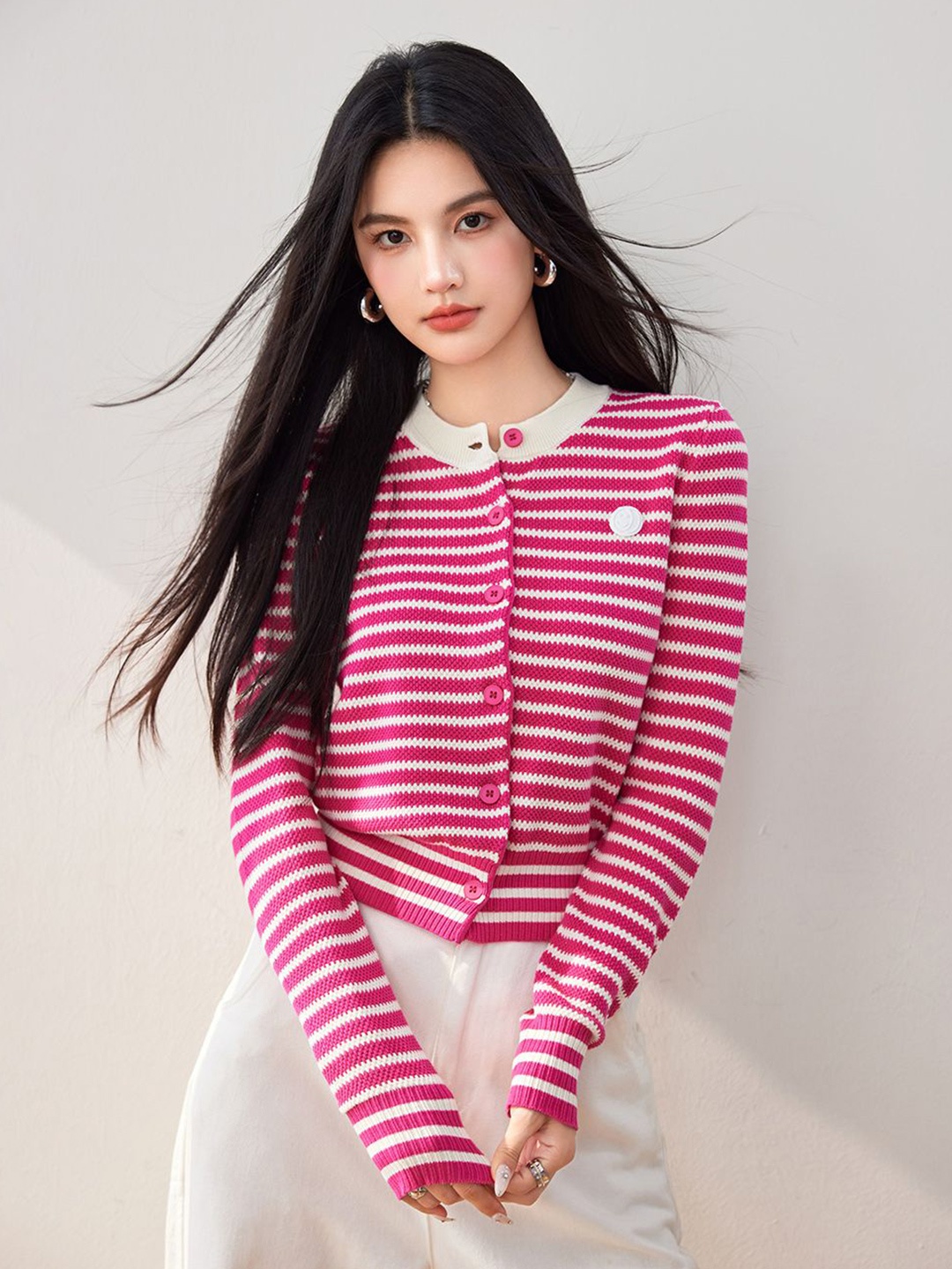

JC Collection Women Striped Cardigan, Rose