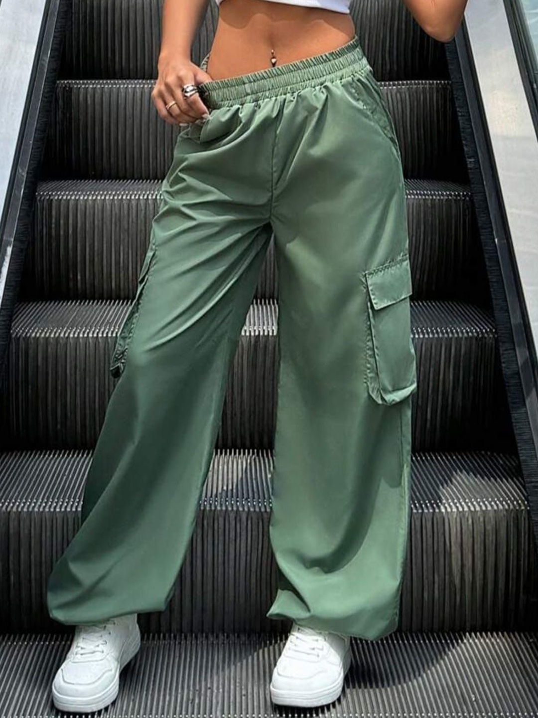 

Next One Women Smart Loose Fit High-Rise Easy Wash Cargos Trousers, Green