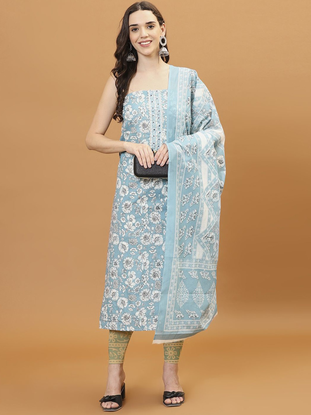 

Meena Bazaar Floral Printed Unstitched Dress Material, Blue