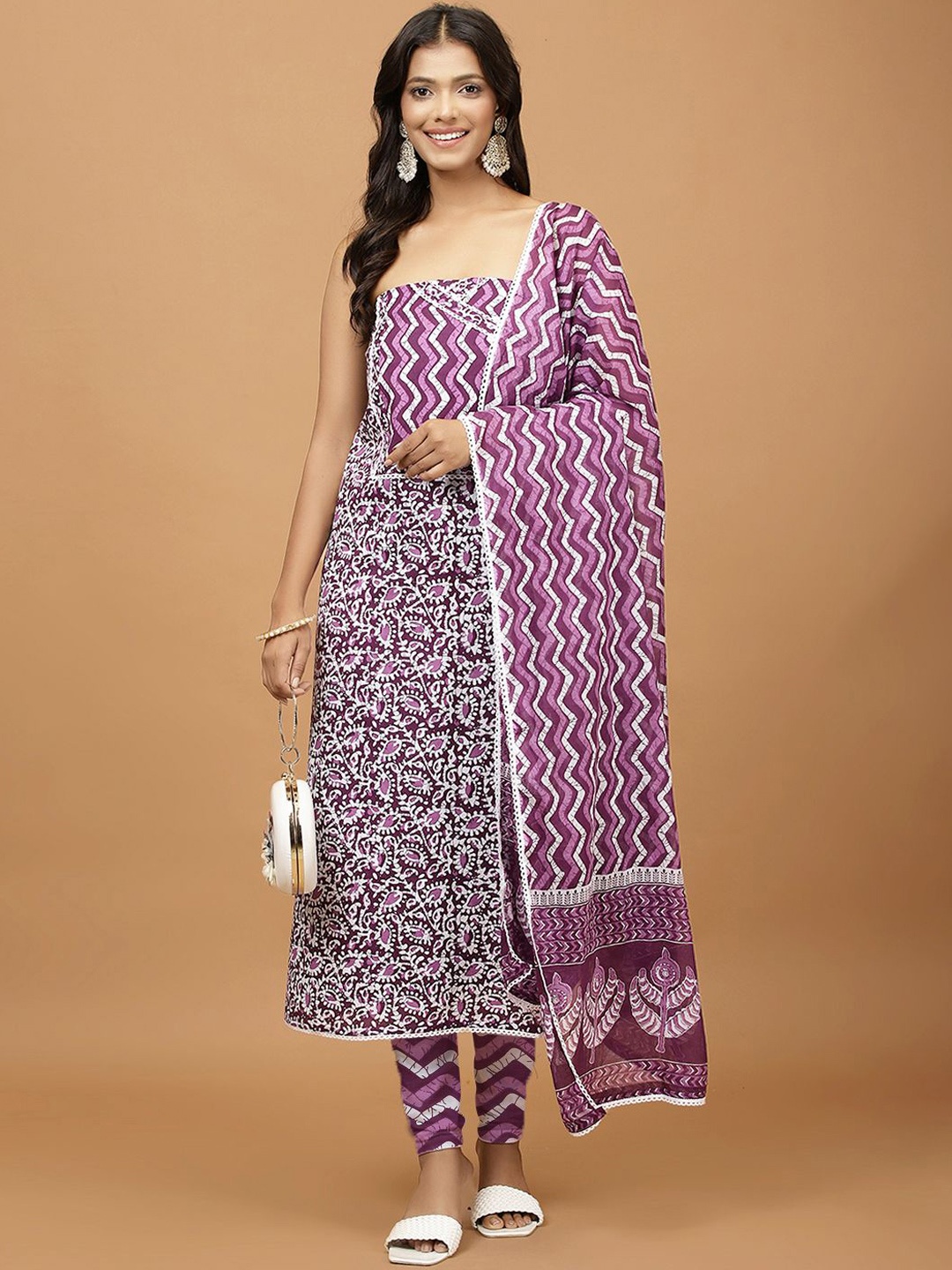

Meena Bazaar Floral Printed Unstitched Dress Material, Purple