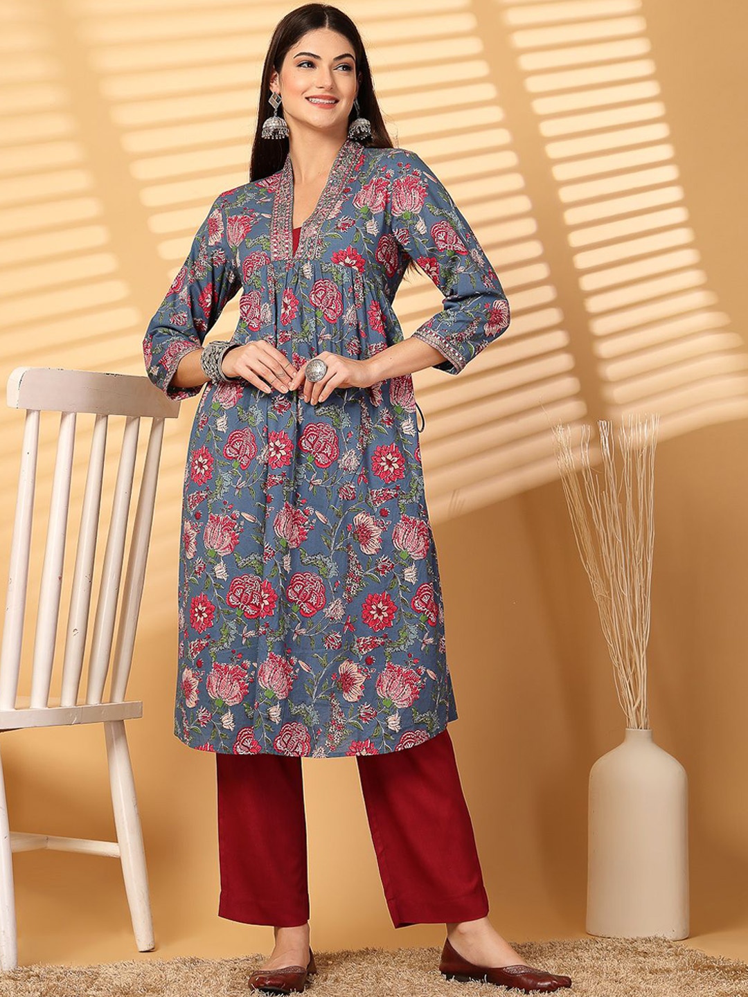 

COSMIC TRIO Floral Printed Pleated Mirror Work A-Line Kurta with Trousers, Blue