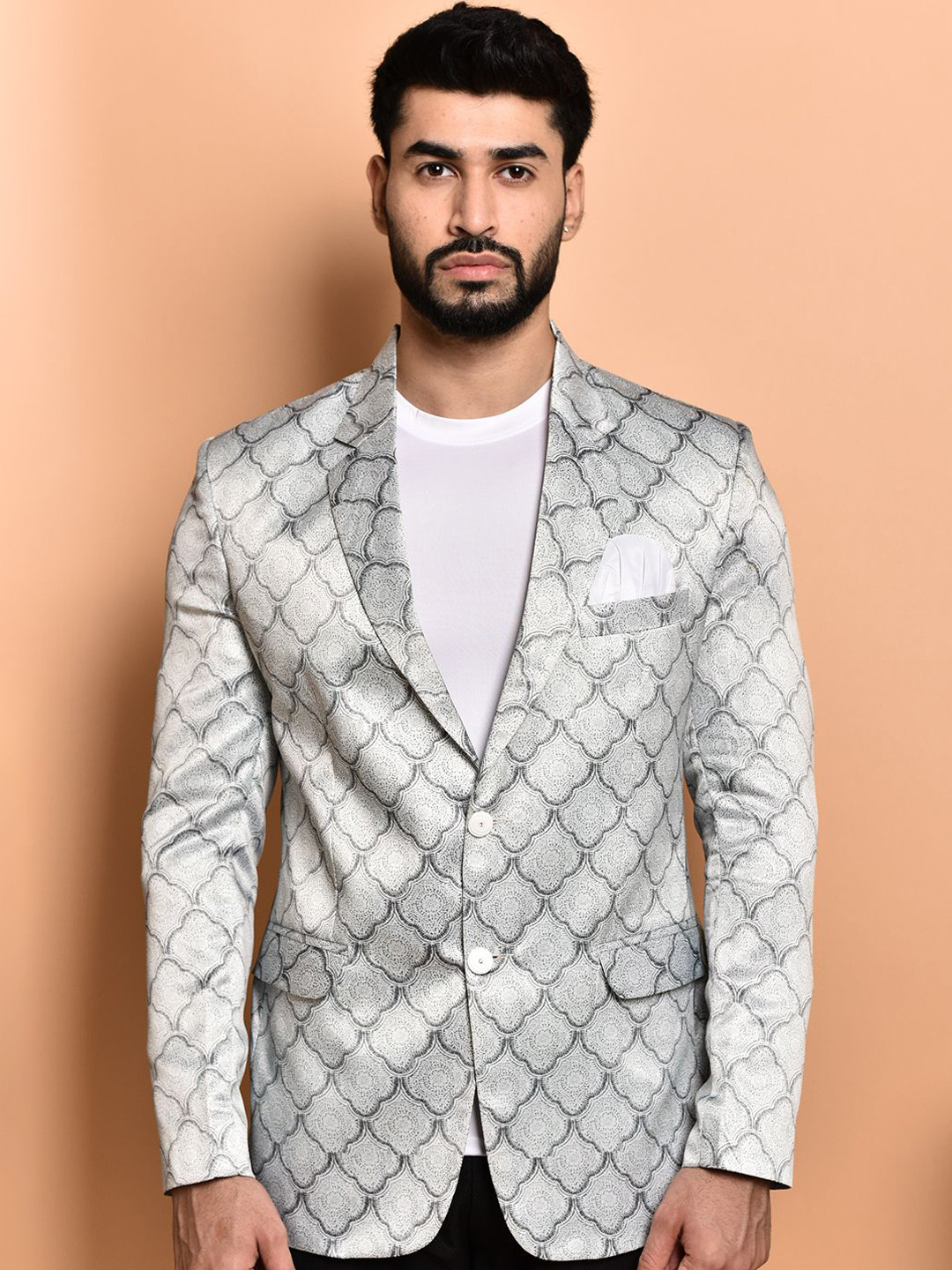 

PRINTCULTR Ethnic Motifs Printed Notched Lapel Collar Single-Breasted Blazers, Silver
