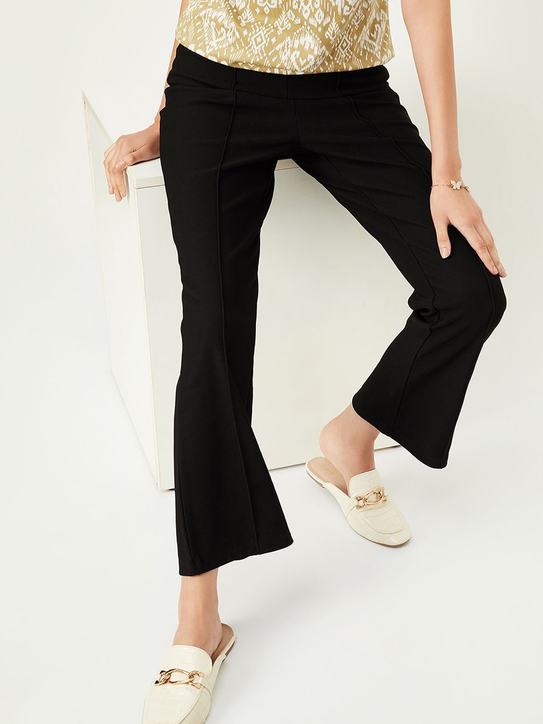 

Max x Kalki Women Mid-Rise Flared Knit Bootcut Trousers, Black