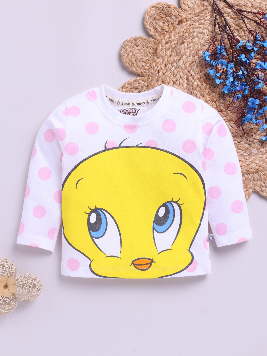 

YK X Tinyo Infant Girls Tweety Printed Pure Cotton T-shirt, White