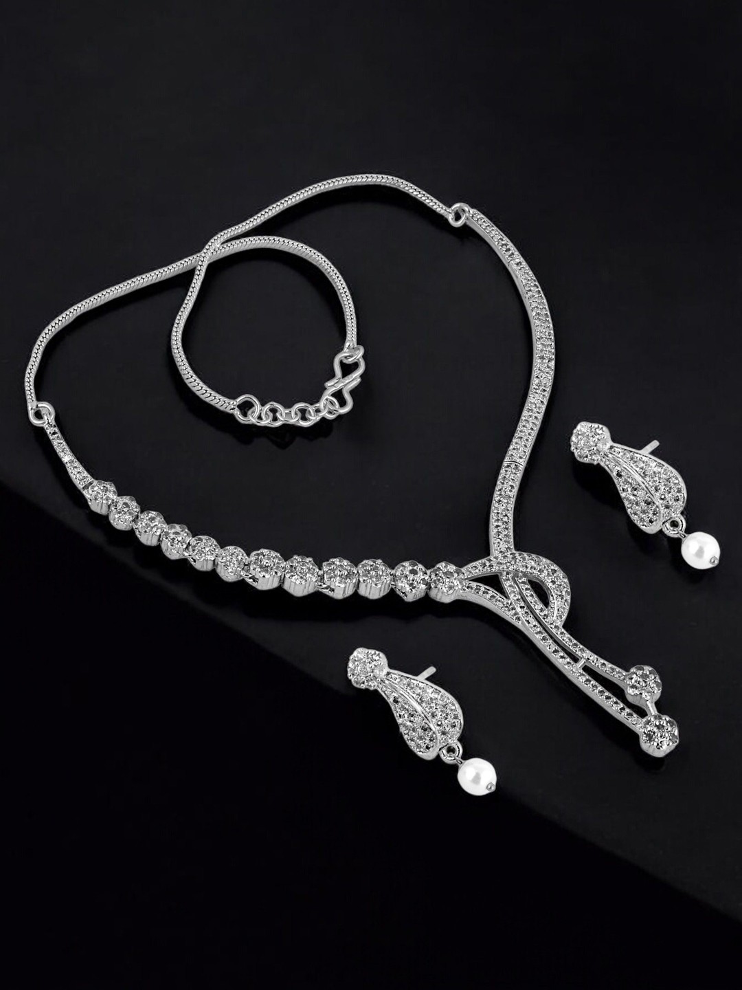 

LUCKY JEWELLERY Silver Plated American Diamond Stone Studded Jewellery Set