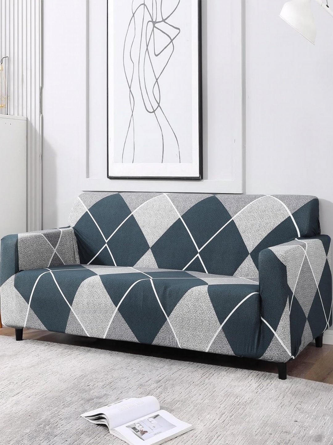 

B BESTILO Blue & Grey Geometric Printed Triple Seater Sofa Cover With Arms